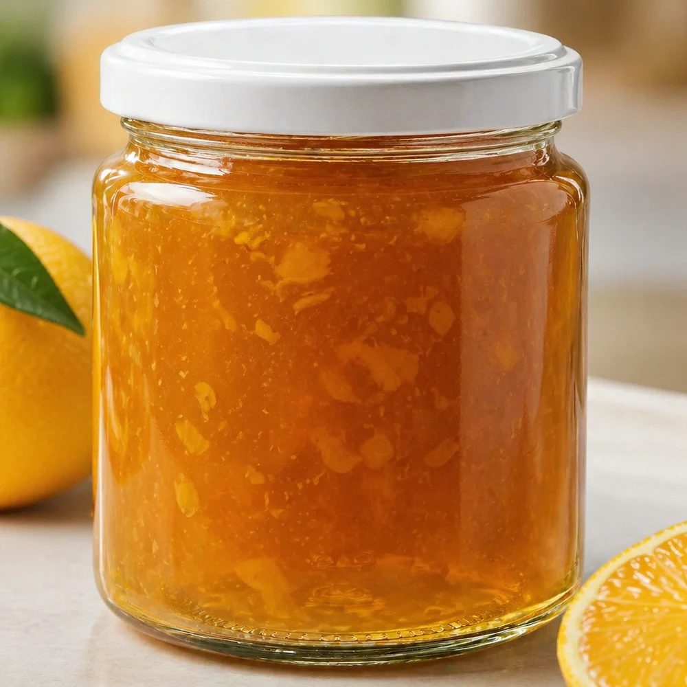 Pot de miel de 250 ml rempli de miel doré avec couvercle blanc UNiTWIST à côté d'oranges fraîches sur la table de cuisine