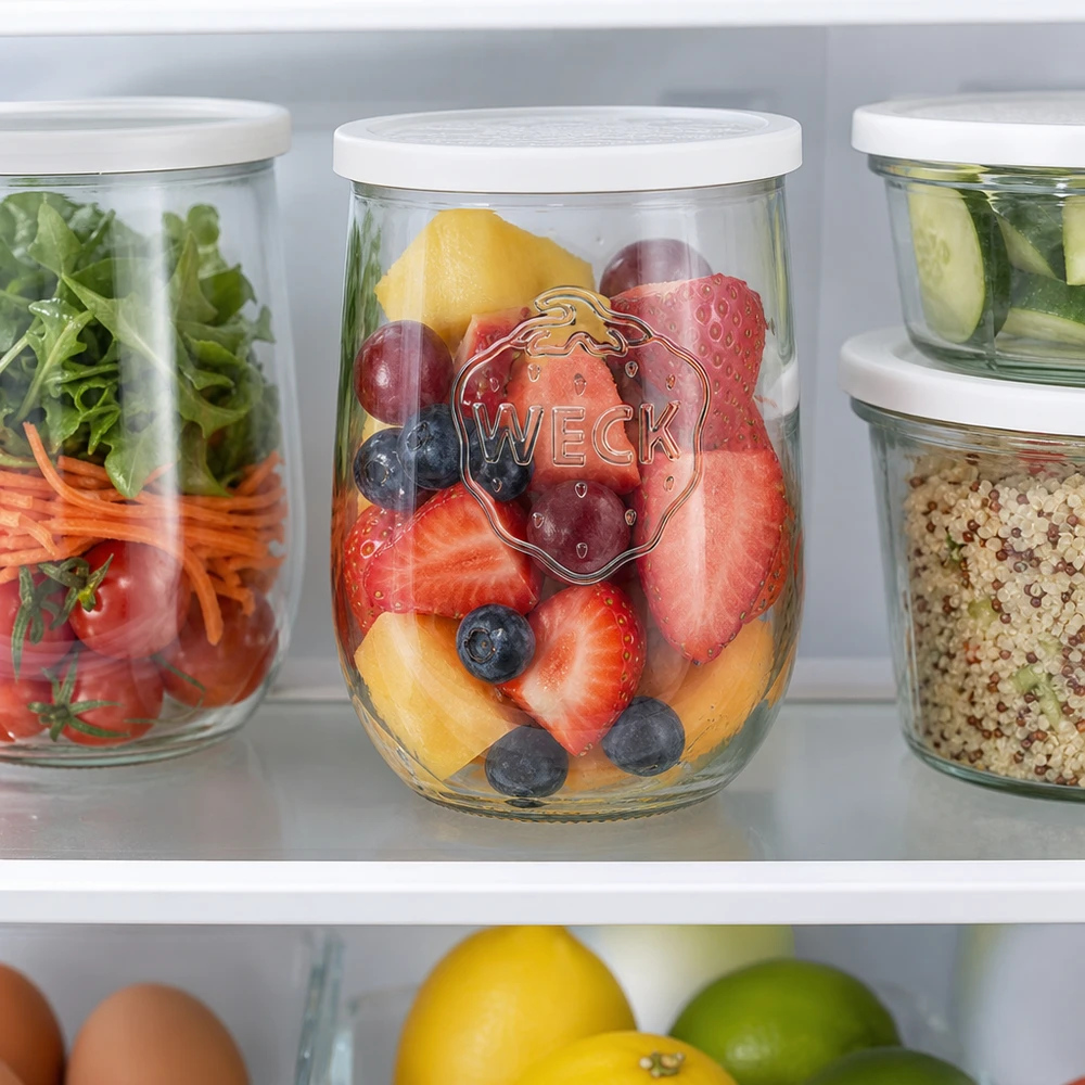 WECK Pot tulipe 1062ml RR100 dans le réfrigérateur avec baies fraîches et morceaux de fruits pour la conservation Meal Prep