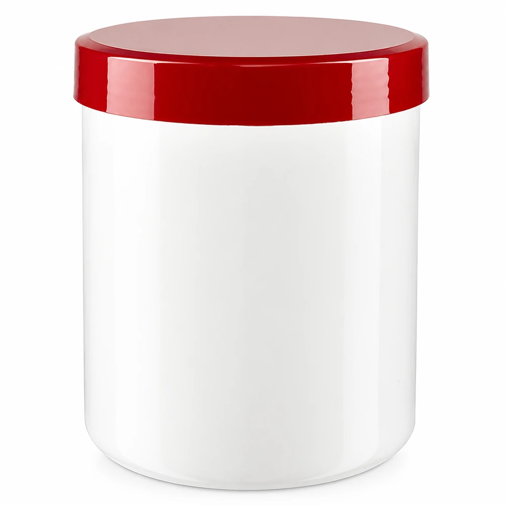Boîte ronde à large goulot, 500 g, blanche, avec couvercle à vis en PP rouge