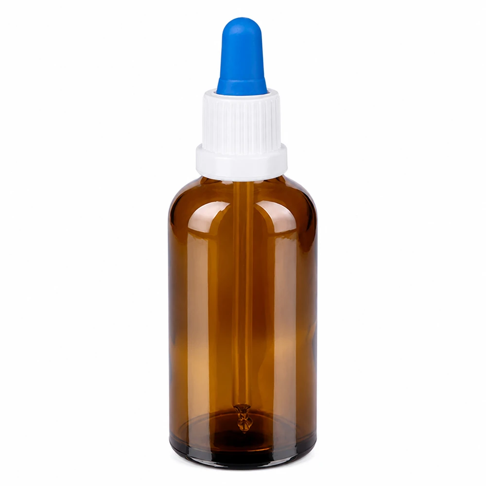 Flacon pipette 50ml blanc/bleu OV BrownLine UT18/50 Bouteille à pipette de 50 ml en verre brun avec bouchon blanc et embout de pipette bleu