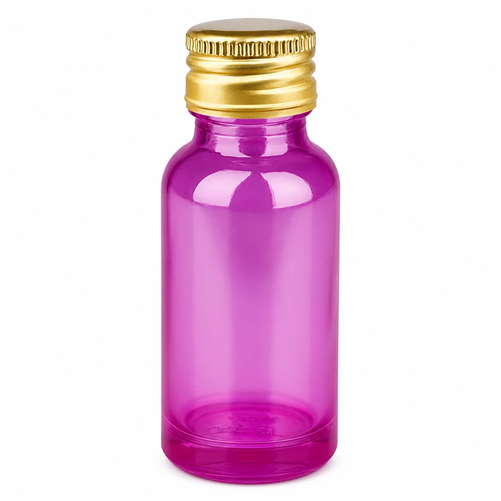 Flacon 20ml 11mm bouchon à vis alu-or standard PurpleLine. UT18/20 Bouteille cosmétique 20ml verre violet pour huiles essentielles avec bouchon doré