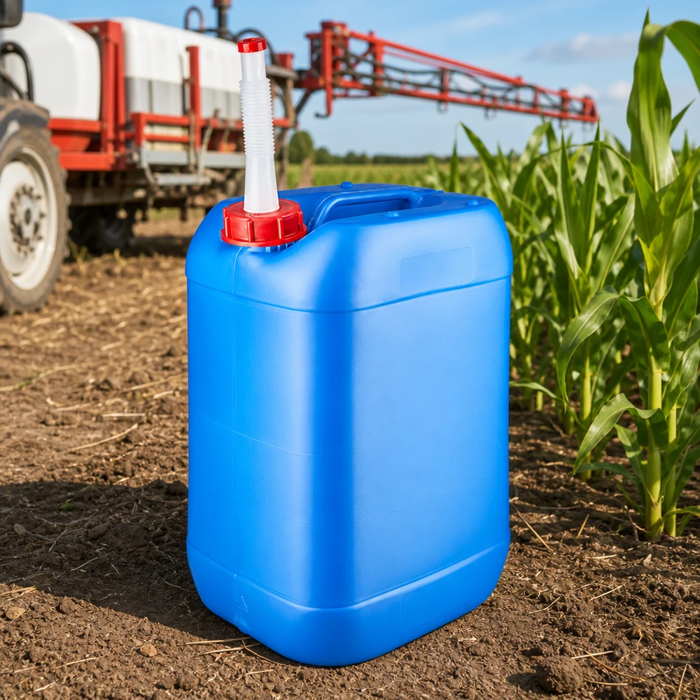 Bidon en plastique bleu de 25 litres avec tuyau de remplissage flexible pour les produits phytosanitaires utilisés en agriculture