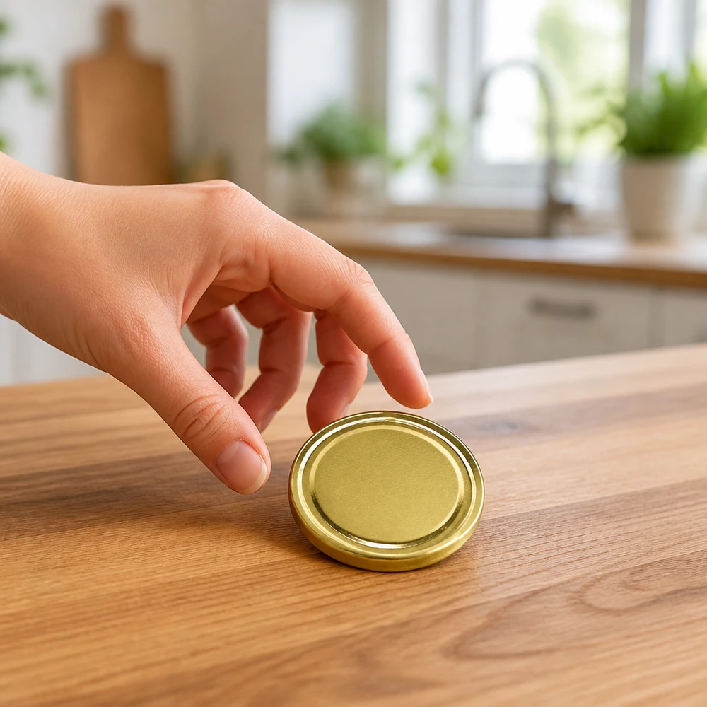 Couvercle UniTwist TO58 à ouverture par rotation, doré, 58 mm – Gros plan sur une table en bois