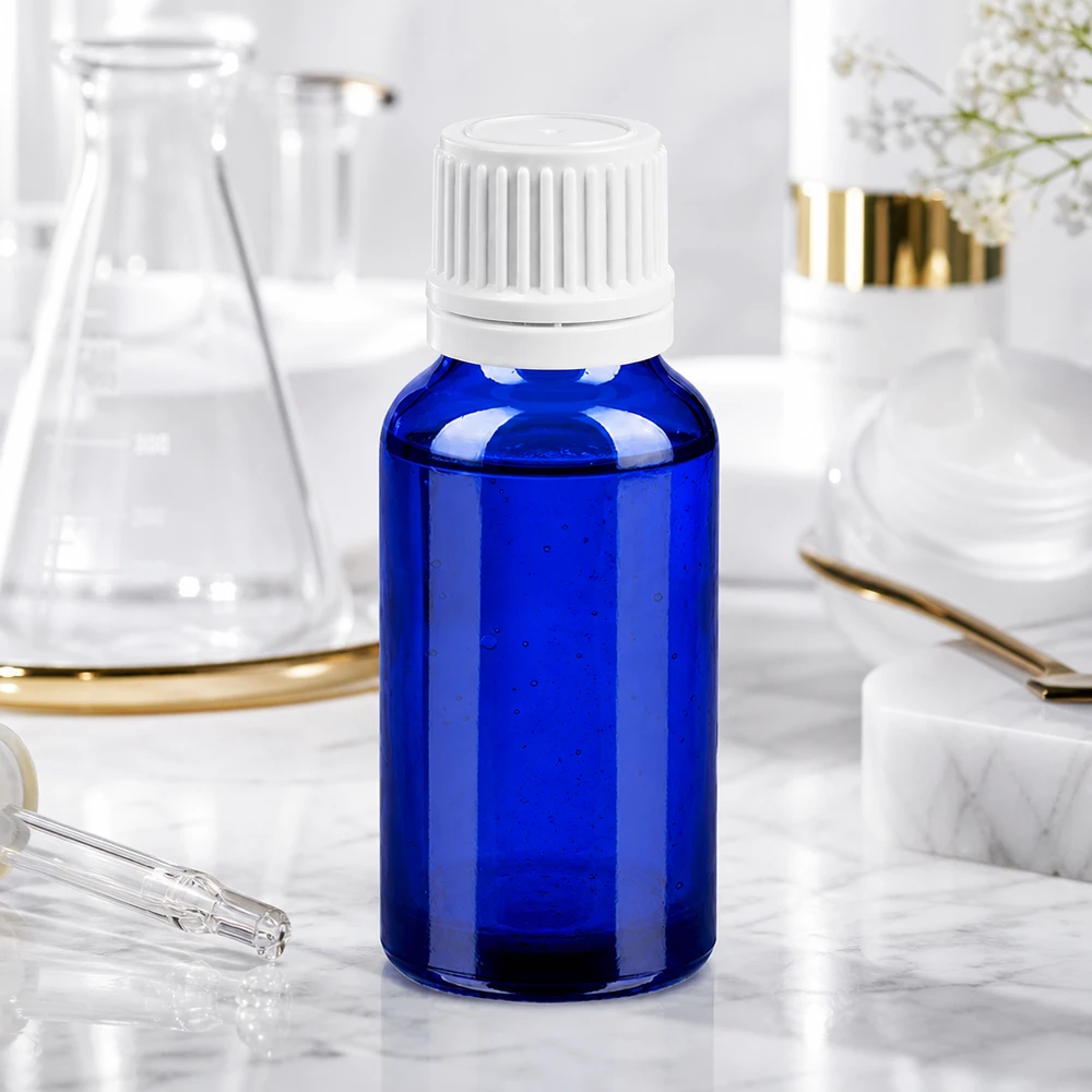 Flacon compte-goutte 20ml 0.7mm blanc OV BlueLine UT18/20 Bouteille en verre de 20 ml de qualité supérieure, d'un bleu élégant, avec bouchon UT18/20 à l'épreuve des enfants