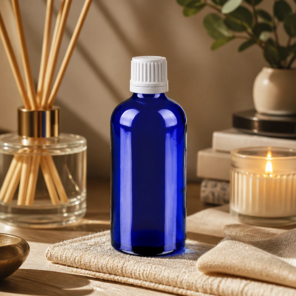 Flacon 100ml 11mm SV blanc OV BlueLine UT18/100 Elégant flacon de 100ml en verre bleu profond avec couvercle blanc pour parfums et essences