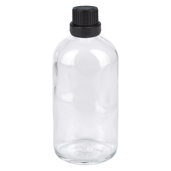 100ml compte-gouttes. 2mm noir OV ClearLine UT18/100 Flacon compte-gouttes en verre transparent de 100 ml avec bouchon d'inviolabilité noir, série ClearLine UT18
