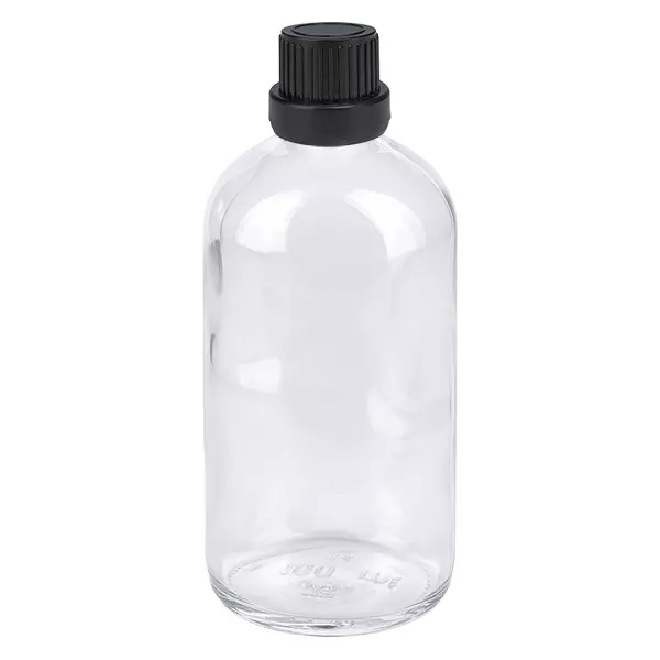 100ml compte-gouttes. 2mm noir OV ClearLine UT18/100 Flacon compte-gouttes en verre transparent de 100 ml avec bouchon d'inviolabilité noir, série ClearLine UT18