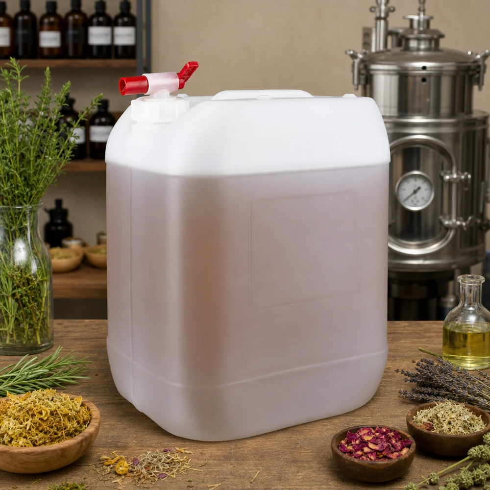 Jerrican de 20 litres avec robinet Bidon plat robuste de 20 L avec robinet, destiné aux huiles essentielles utilisées dans la fabrication de cosmétiques naturels