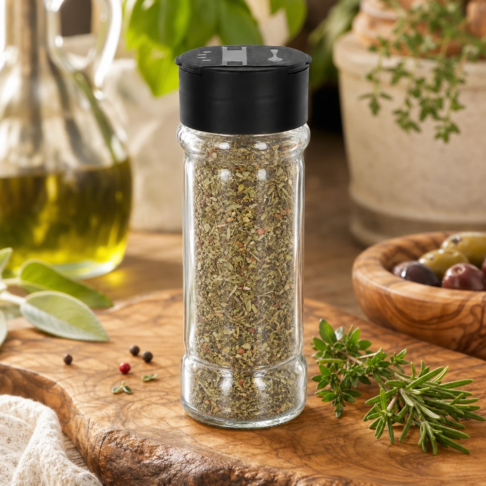 Pot à sel/épices 100 ml avec double saupoudreuse, noir Bocal à épices transparent de 100 ml contenant des herbes séchées, à côté d'huile d'olive et de romarin frais