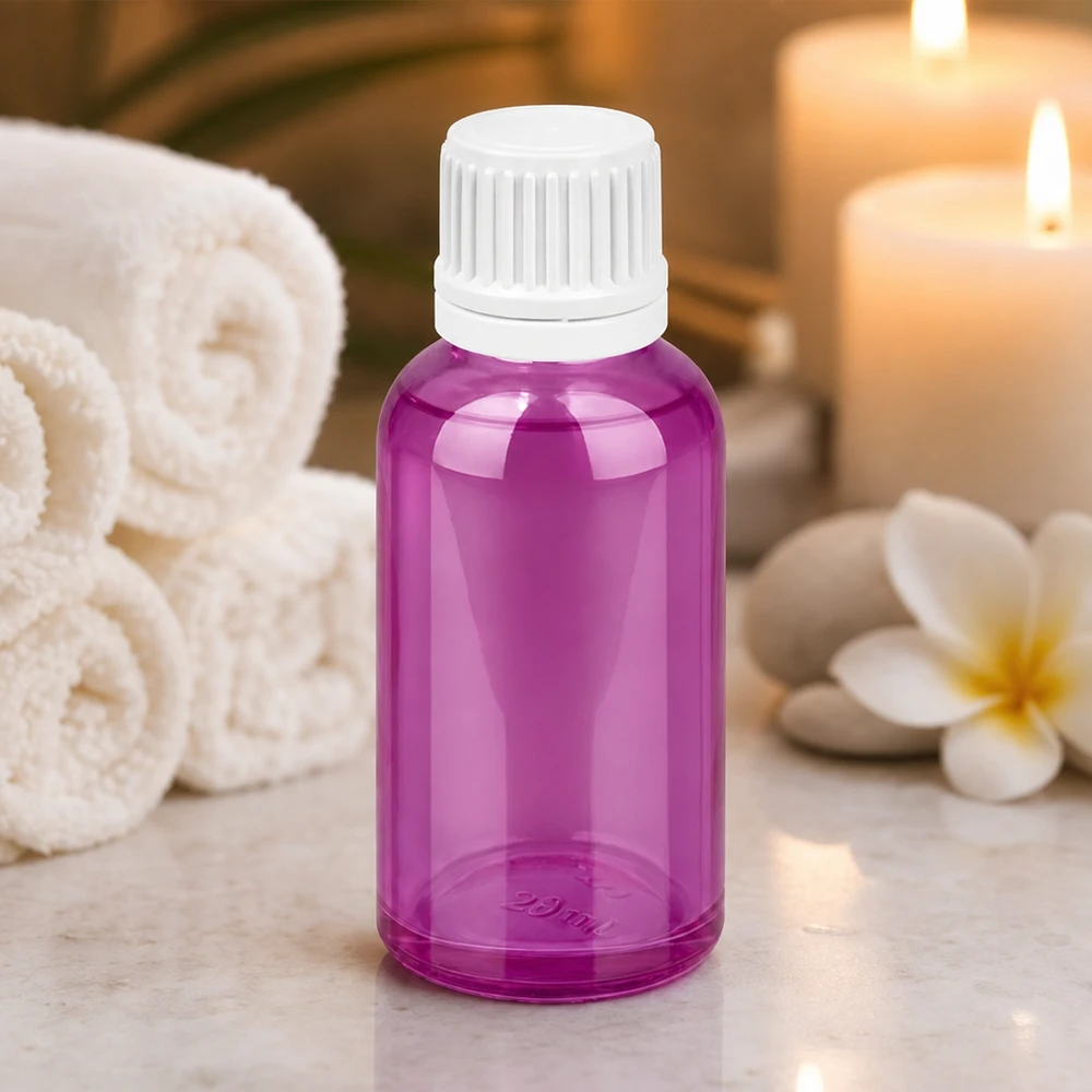 Bouteille 30ml bouchon à vis 11mm blanc Originalité Bouchon à vis PurpleLine UT18/30 Elégant flacon violet de 30ml avec bouchon blanc pour les applications cosmétiques et de beauté professionnelles