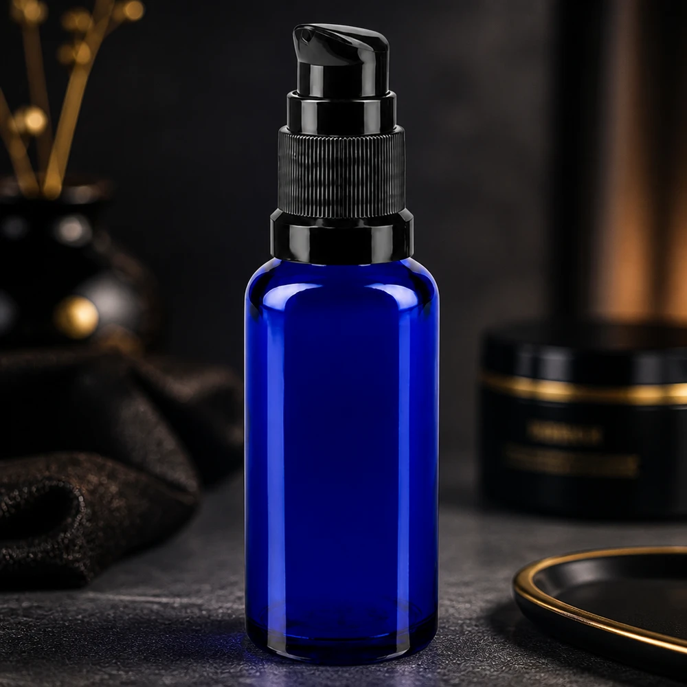 Flacon de pharmacie bleu 30ml bouchon pompe noir Std Flacon en verre de pharmacie de 30 ml, bleu, avec pompe standard noire, pour sérums et huiles