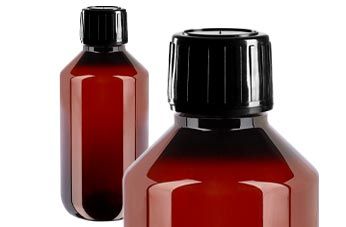 Flacons médicaux en PET brun avec bouchon gicleur noir