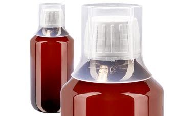 Flacons médicaux en PET brun avec bouchon blanc + gobelet gradué